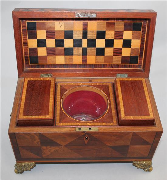 A 19th century parquetry inlaid rectangular tea caddy, 10.5in.